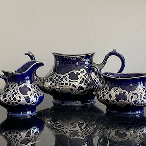 Vintage Art Nouveau Cobalt Blue Silver Overlay Teapot, Creamer and Sugar Bowl *