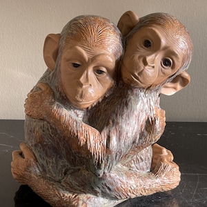 Lladro Gres Porcelain Monkeys Hug #2066 Designed By Francisco Catala, 1977