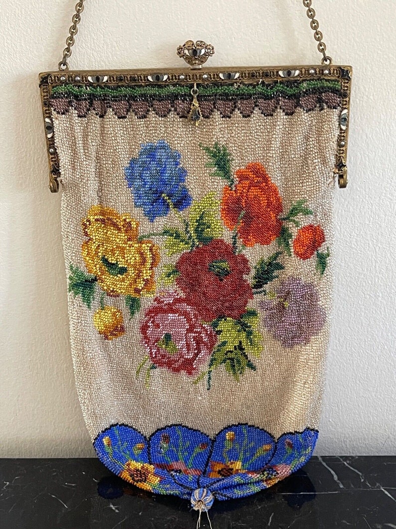 Antique Victorian Micro Beaded Floral Purse With Enamel and Jewel ...