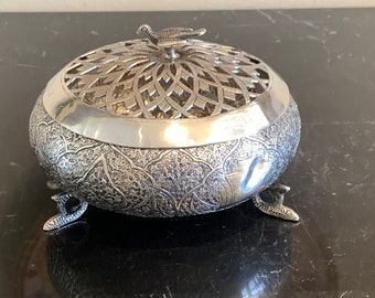 Silver Ornate Islamic Incense Censer Box with Dove Finial 221 Grams