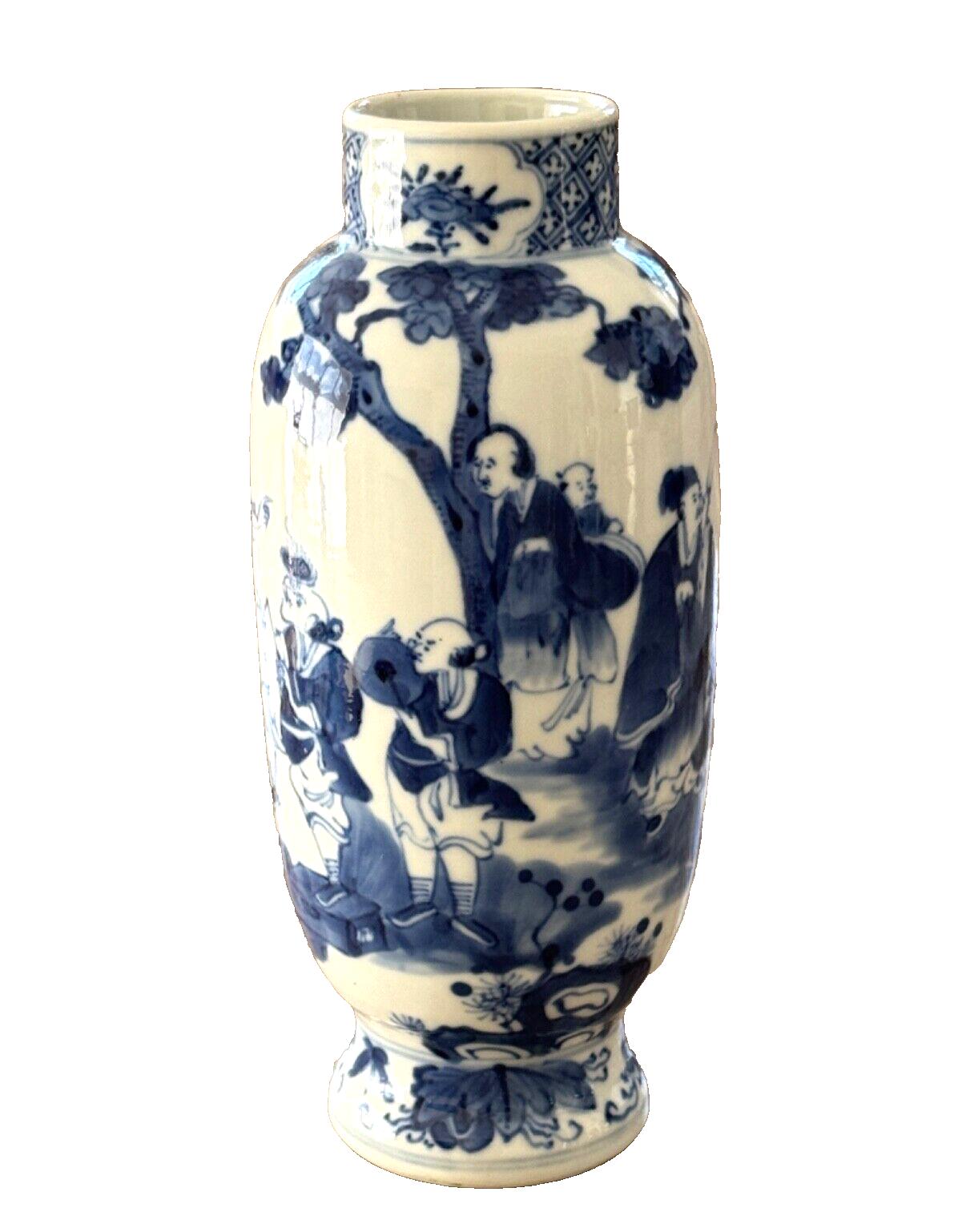 Antique Chinese Signed Kangxi Blue and White Porcelain Cylindrical