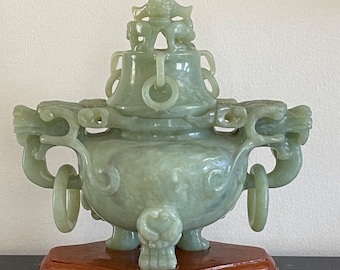 Superb Detailed Antique Chinese Hand Carved Jade Dragons Footed Incense Burner