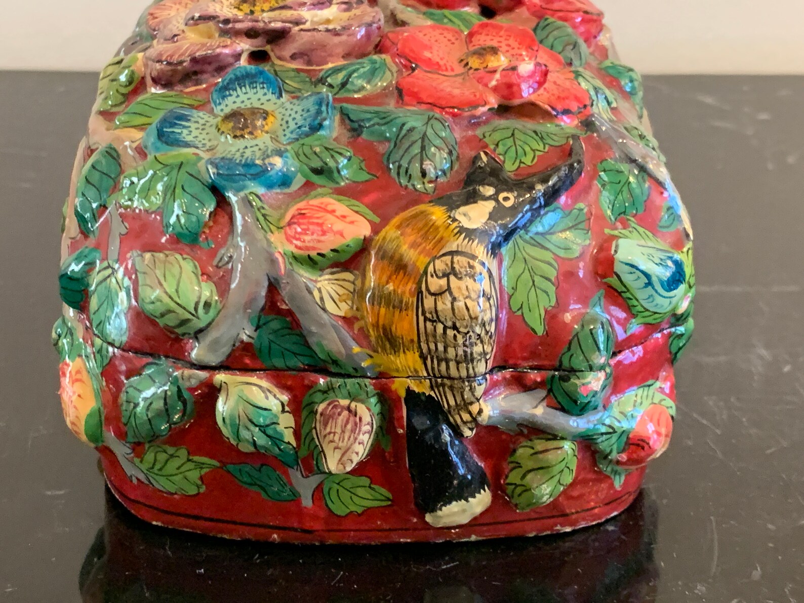 Antique Papier Mache Relief Floral Bird Decoration Lacquer Box Etsy
