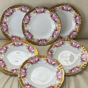 Pointons Stoke on Trent England 6 Pink Roses and Heavy Gold Luncheon Plates *