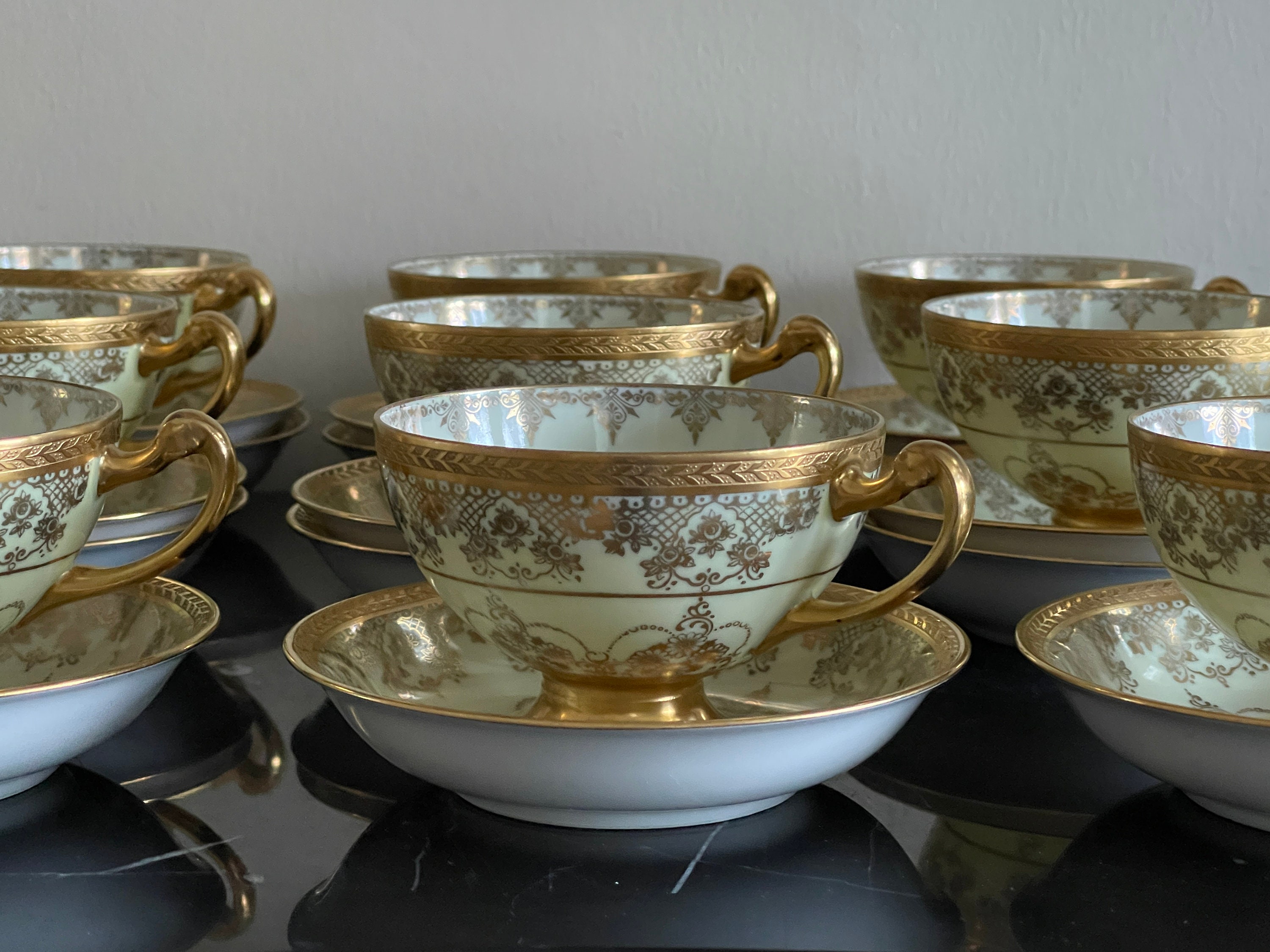 Hutschenreuther Selb Bavaria Porcelain Gold Encrusted Tea Cups and