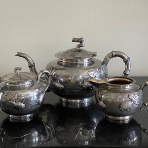 Fabulous Antique Chinese Export Silver Goldfish Tea Set 970 Grams *