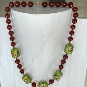 Vintage Chinese Carnelian Cloisonne Barrel Beads and Gold Clasp Necklace