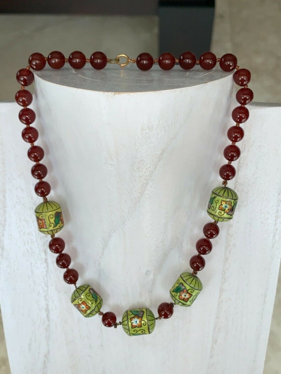 Vintage Chinese Carnelian Cloisonne Barrel Beads a