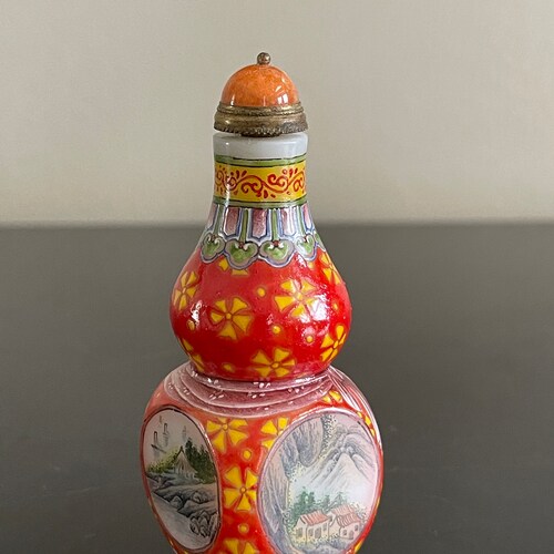 Vintage Chinese Peking Glass Double-Gourd 4-Face Painted Landscape Snuff Bottle shops