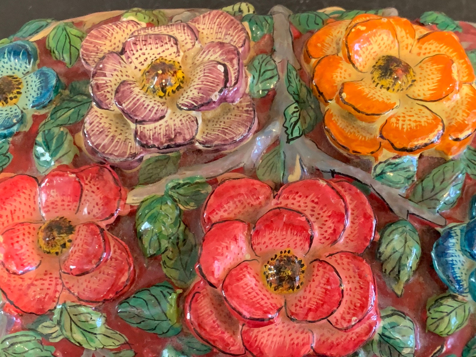 Antique Papier Mache Relief Floral Bird Decoration Lacquer Box Etsy