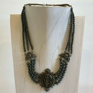 Vintage Triple Strand Hematite Beads Necklace with Sterling Silver Buddha Pendant