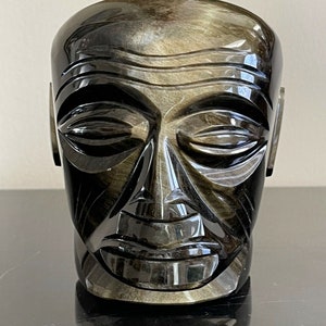 Hand Carved Black Obsidian Mayan Aztec Tribal Head Statue