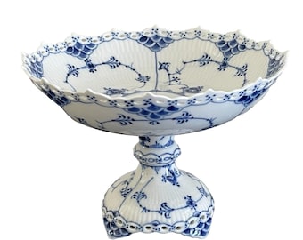 Royal Copenhagen Porcelain Blue Fluted Full Lace Cake Dish Compote #1020