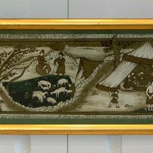 Impressive Vintage Ottoman Islamic Scene Framed Painting on Silk Fabric Artwork