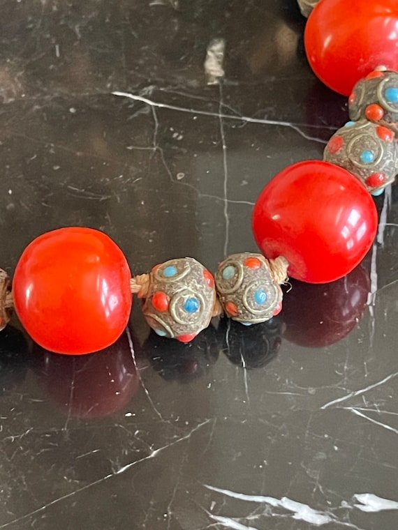 Vintage Tibetan Coral Turquoise Inlay Stones Bead… - image 5