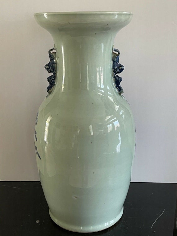 Antique Chinese Celadon Pottery Vase With Blue Decoration and
