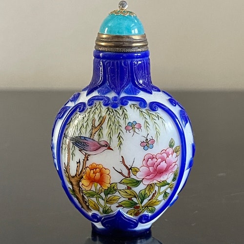 Vintage shops Chinese Glass Snuff Bottle with Blue Overlay and Hand Painted Decoration
