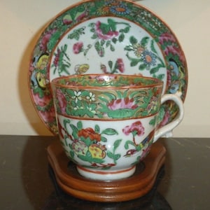 Antique 19th Century Chinese Porcelain Canton Famille Verte Rose Cup and Saucer