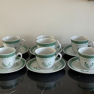 Royal Copenhagen Tranquebar Green Flat Cups and Saucers Set of 6 + 1 Cup
