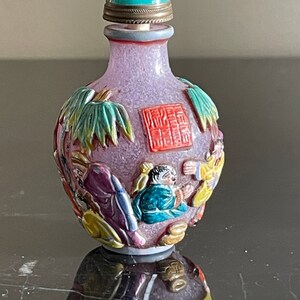 Vintage Peking Glass Snuff Bottle with Overlay Outdoor Scenes & SHOU Symbol Mark