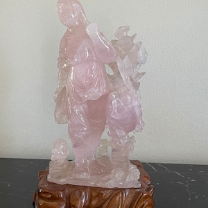 Vintage Chinese Hand Carved Rose Quartz Figurine Wood Base