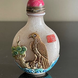 Vintage Peking Glass Snuff Bottle Gold Eagle Overlay Decoration