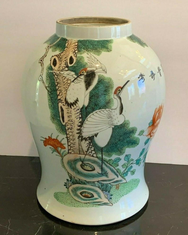 Superb Antique Chinese Calligraphy Hand Painted Cranes Floral Po Superb Antique Chinese Calligraphy Hand Painted Cranes Floral Po