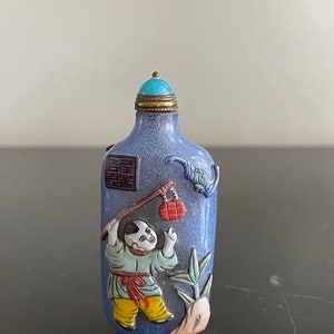 Vintage Chinese Bluish Glass Snuff Bottle with Overlay and Seal Decoration
