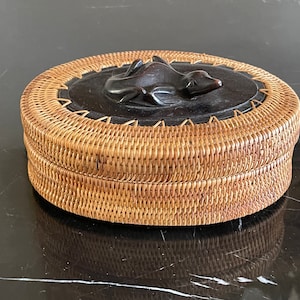 Vintage Indonesian Handmade Woven Rattan Box with Wood Frog Carving