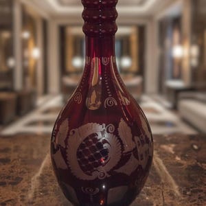 Decantador enorme de cristal rojo rubí grabado con corte bohemio de 35,5 cm de alto