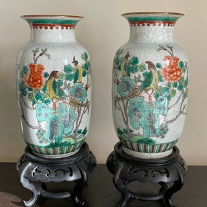 Exceptional Vintage Pair of Chinese Jingdezhen Crackle Vases on Wood Stand