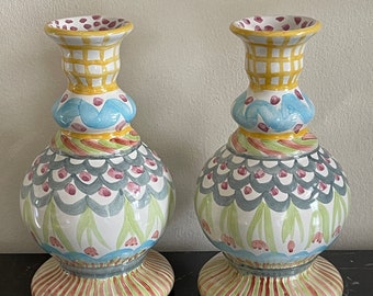 Mackenzie Childs Taylor King Ferry Pair of Bud Vase Candle Holders Candlesticks*