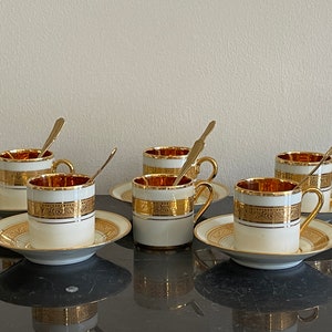 Legle Porcelain Limoges Gold Encrusted Set 6 Demitasses, 5 Saucers & 6 Teaspoons