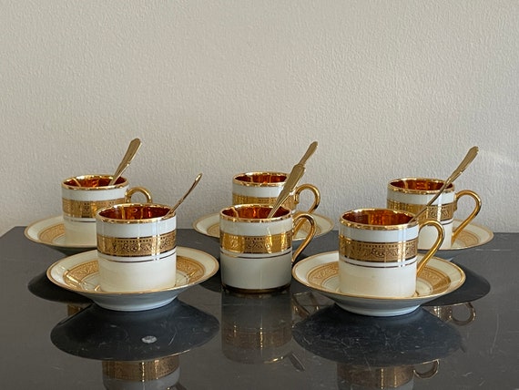 Legle Porcelain Limoges Gold Encrusted Set 6 Demitasses, 5 Saucers