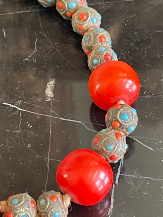 Vintage Tibetan Coral Turquoise Inlay Stones Bead… - image 4
