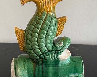 Outstanding Vintage Green and Yellow Chinese Koi Fish Figure Roof Tile