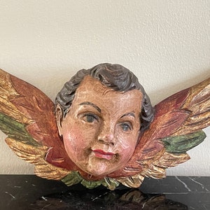 Carved Wood Polychrome Putti Cherub Angel Head *