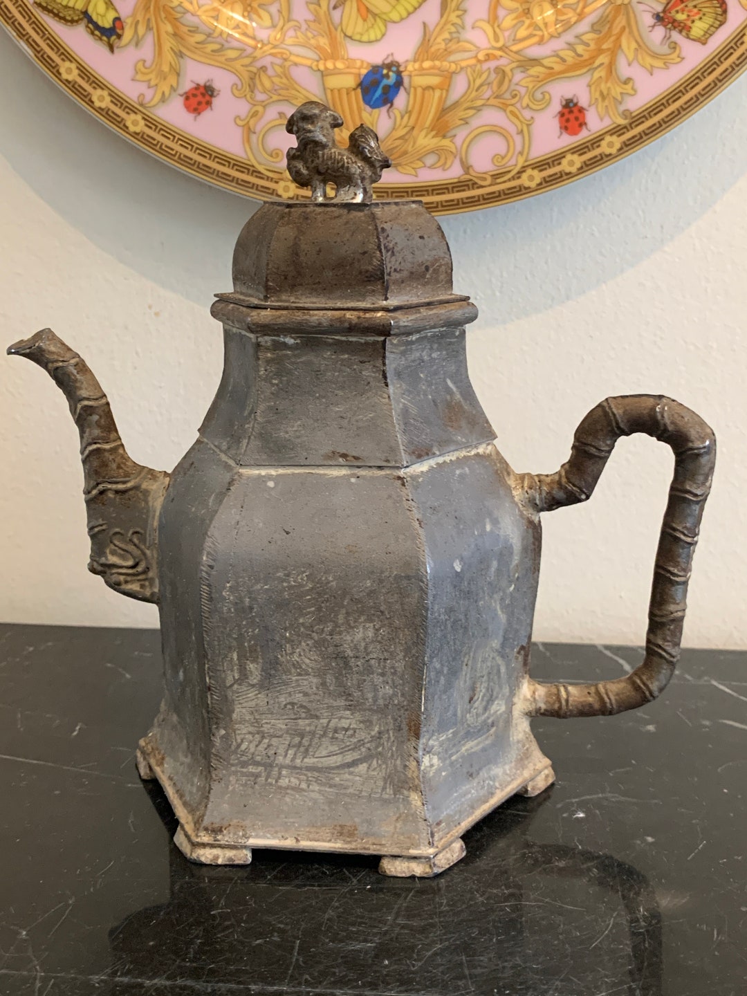 Antique Chinese Pewter Teapot With Foo Dog Finial Etsy