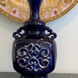 Vintage European Porcelain Cobalt Blue with Raised Decoration Vase