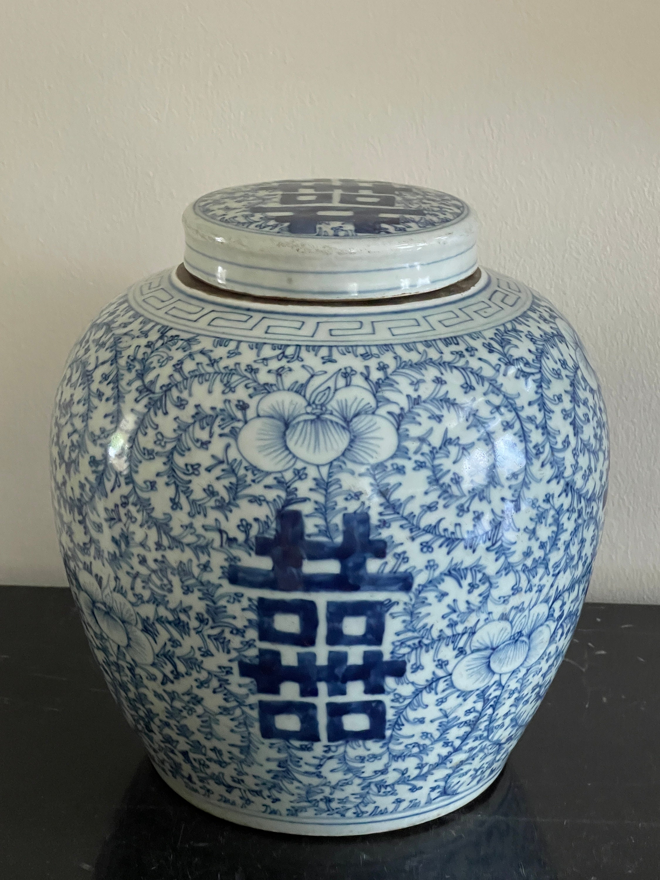 Antique Chinese Double Happiness White and Blue Foliate Porcelain