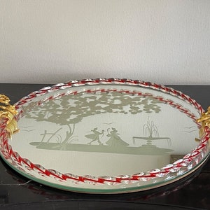Italian Twisted Rope Edge Murano Glass, Mirror & Metal Mounted Round Vanity Tray
