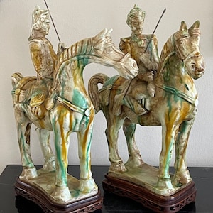 Antique Chinese Pair of Ceramic Warriors on Horse Statues Sculptures