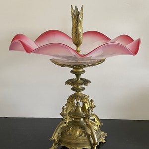 Vintage Fantastic Victorian Pink Opalescent Glass and Bronze Stand Centerpiece