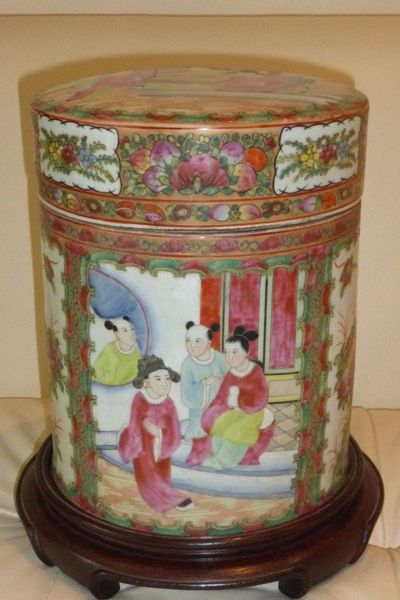 Unusual Vintage Chinese Famille Rose Lidded Canister Jar on a Wood Base image 2