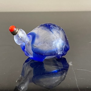 Vintage Chinese Blue and Clear Glass Turtle Shaped Fish on Shell Snuff Bottle