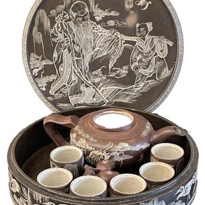 Vintage Chinese Teapot and 6 Sake Cups in Original Ceramic Box