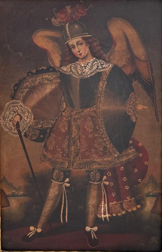 Vintage Fine Cuzco School Archangel Raphael Oil on Canvas  display picture 3