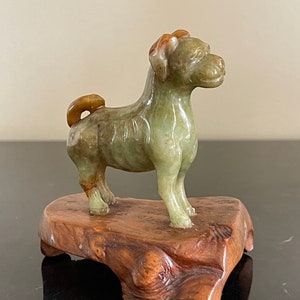 Antique Chinese Carved Green and Brown Jade Dog Figurine on Wood Stand