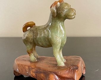 Antique Chinese Carved Green and Brown Jade Dog Figurine on Wood Stand
