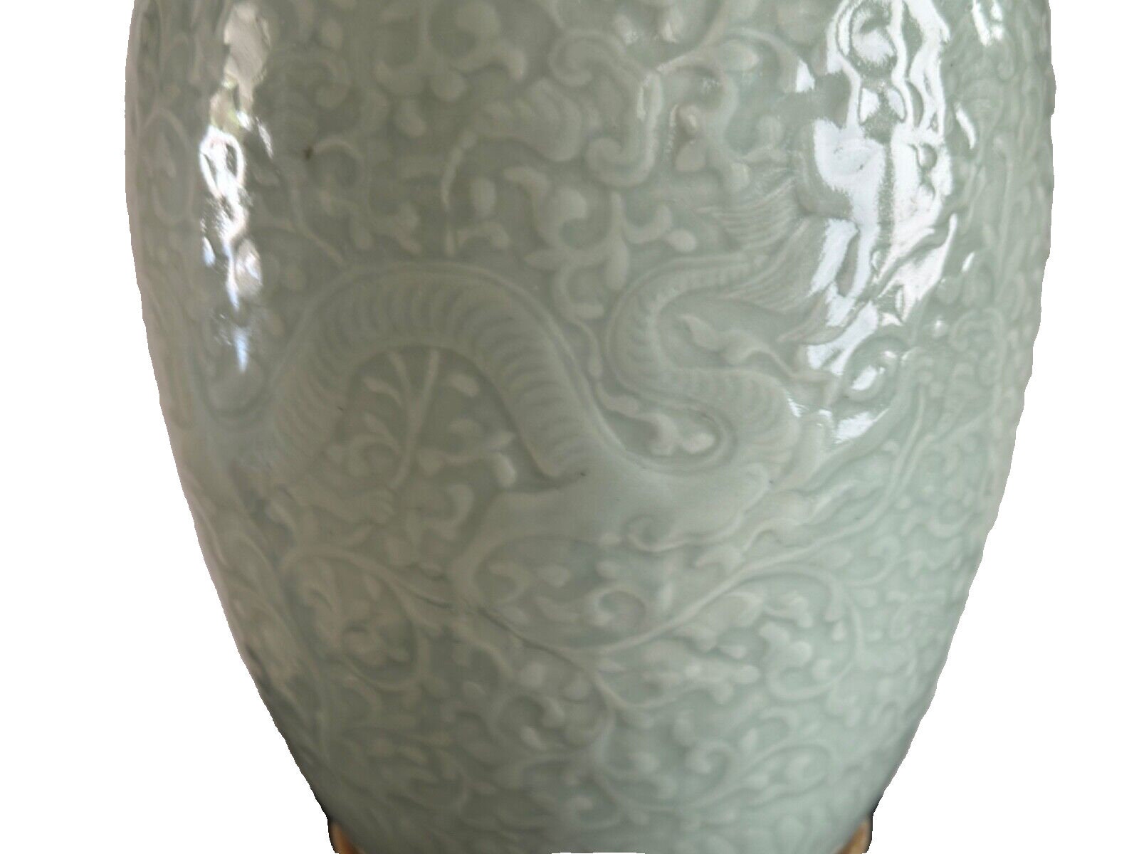 Lampe De Table Chinoise Vintage Vert Céladon - Base En Bois, Abat-jour Laiton - Occasion - Rétro